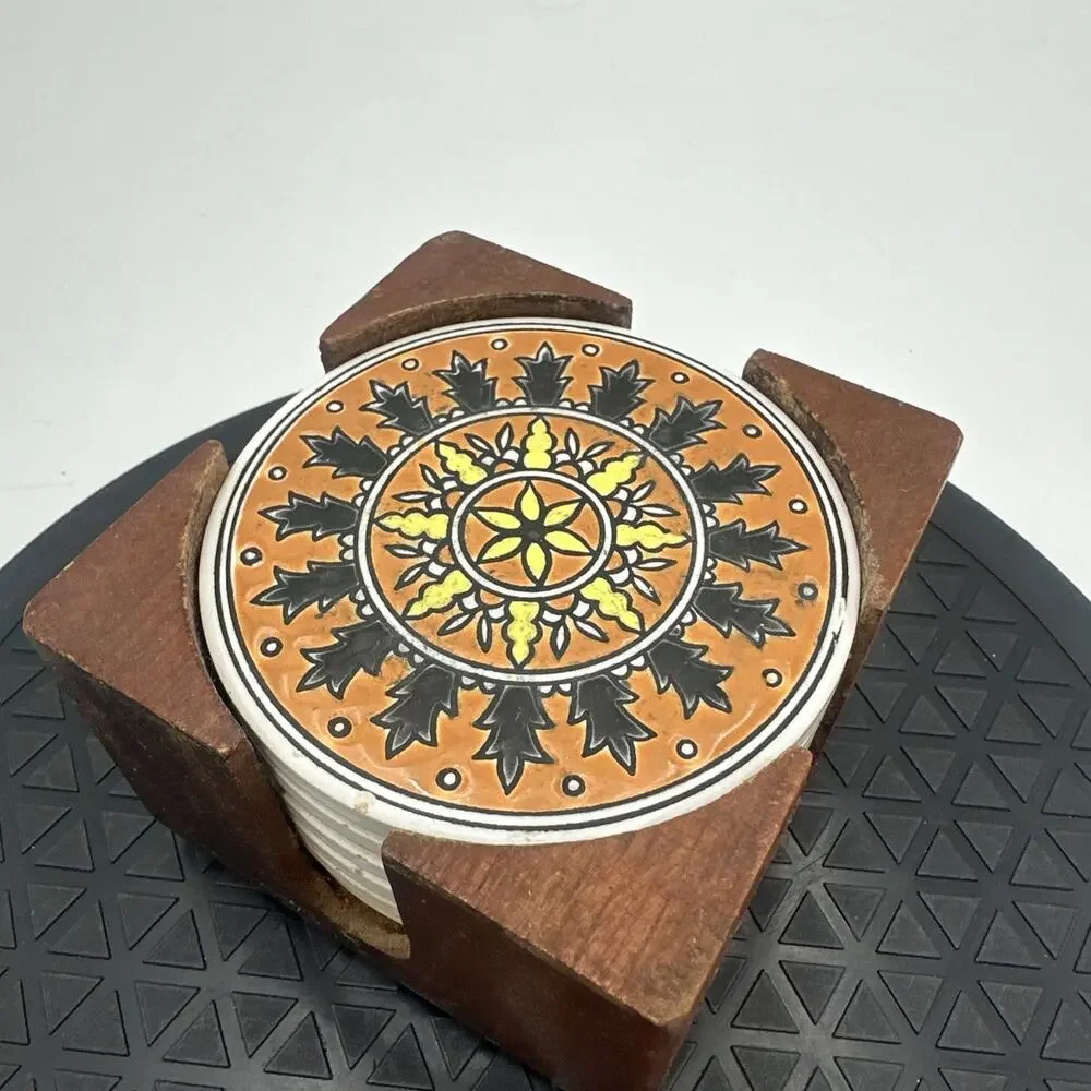 Vintage Set 6 Round Hand Painted Tile Coasters Neofitou Keramic Art With Caddy